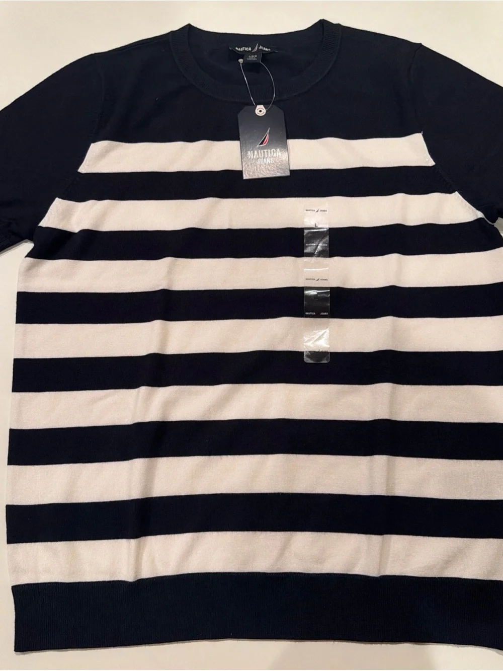 Nautica Women’s Black & White Striped Crewneck Sweater